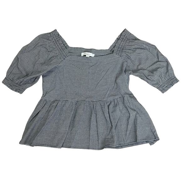 Loft Blouse Smocked Black White Gingham Puff Sleeve Square Neckline Small New - Picture 1 of 4